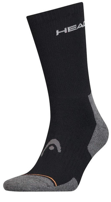 The HEAD Crew Athletes Tennis Sock in black features a ribbed texture, logo at the top, arch support, and reinforced gray toe and heel for durability.