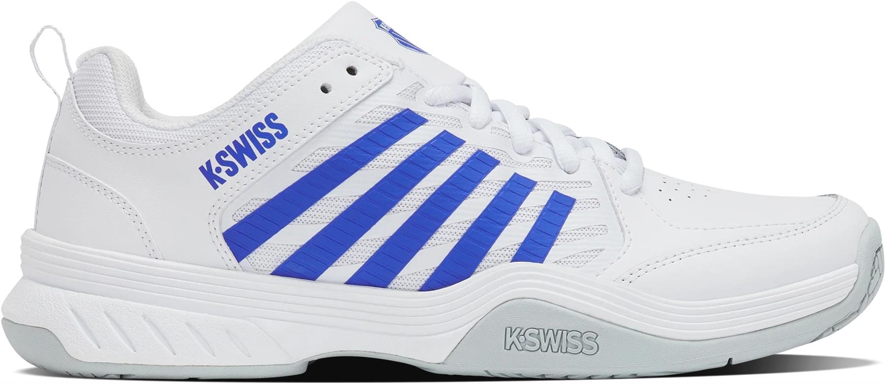 The K-Swiss Court Express 2 Men’s Tennis Shoes in White/Dazzling Blue feature blue stripes, a white sole, and the classic K-Swiss logo for timeless style and tennis comfort with white laces and detailed stitching.
