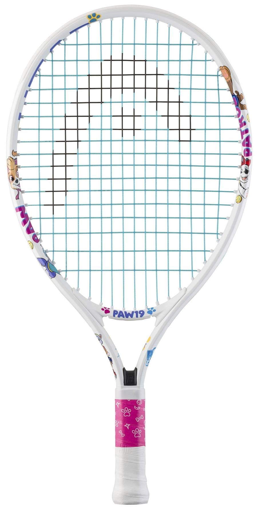 The HEAD x Paw Patrol 19 Junior Tennis Racket in white features blue strings, cartoon characters, and "PAW"/"PAW19" on the frame, plus a pink grip with white paw prints—ideal for young fans seeking a fun Paw Patrol-themed racket.