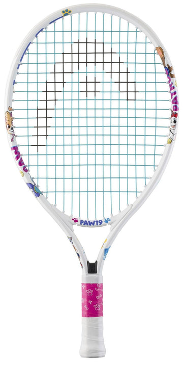 The HEAD x Paw Patrol 19 Junior White Tennis Racket features fun Paw Patrol characters, blue strings, and a pink grip with paw prints—making it the perfect starter racket for young players.