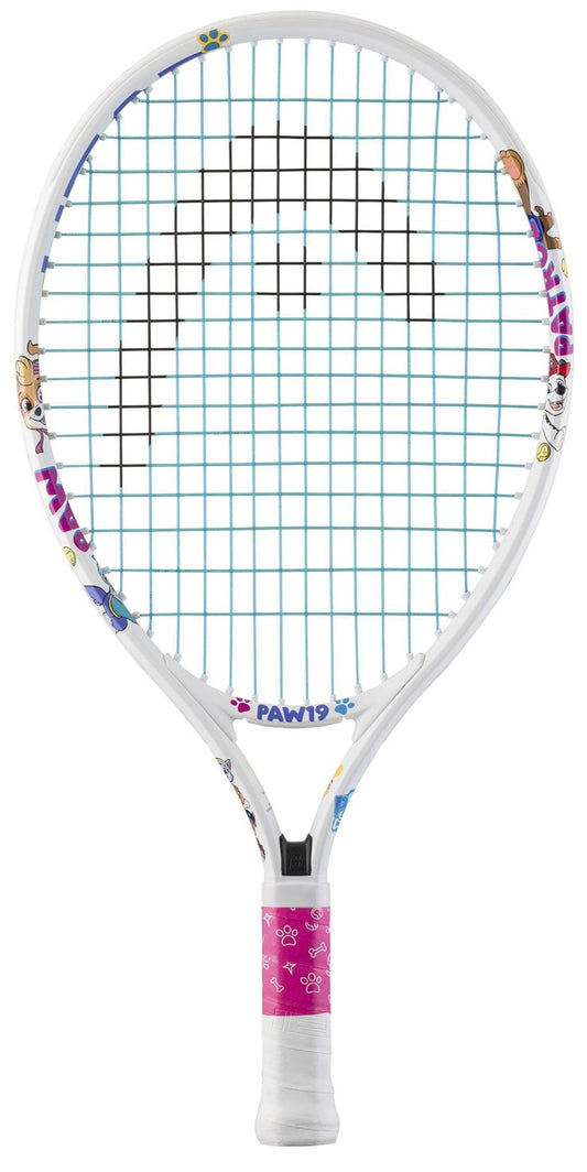 The HEAD x Paw Patrol 19 Junior Tennis Racket in white features blue strings, cartoon characters, and "PAW"/"PAW19" on the frame, plus a pink grip with white paw prints—ideal for young fans seeking a fun Paw Patrol-themed racket.