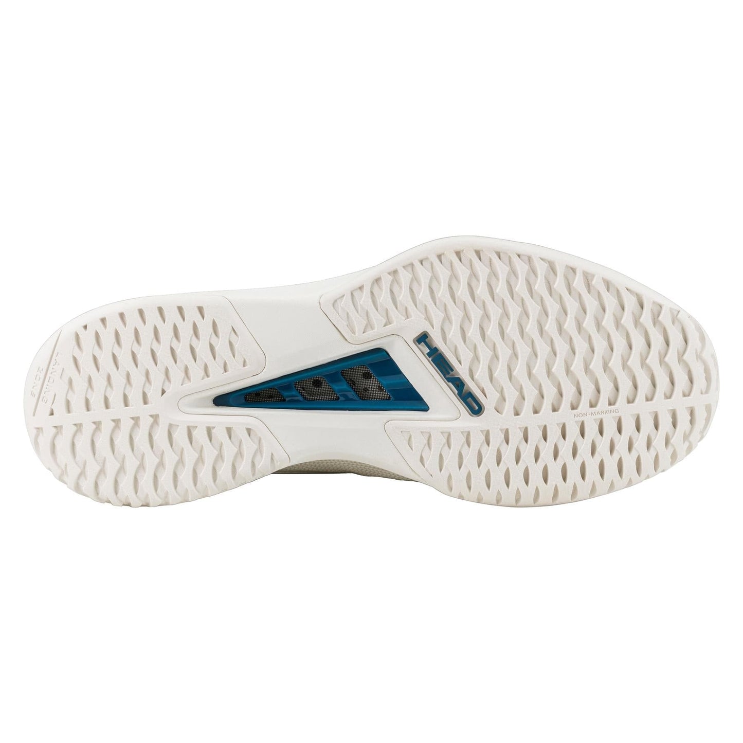 The image displays the sole of the HEAD Sprint Pro Women's Tennis Shoes in Chalk White/Twilight Blue, showcasing a textured pattern for grip and a hexagonal blue section. The "FLUID" text indicates a lightweight cushioning system, perfect for advanced players seeking comfort.