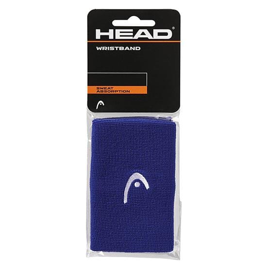 A blue HEAD 5" Tennis Wristband is packaged with the brand logo prominently displayed on the front. The packaging highlights "HEAD" and "WRISTBAND," while the phrase "SWEAT ABSORPTION" stands out in orange text against a sleek black background.