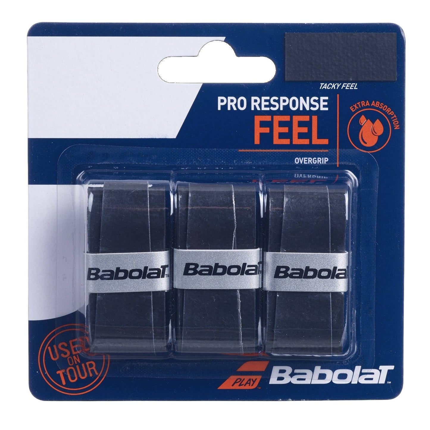 Three black Babolat Pro Response Tennis Overgrip X3 by Babolat in clear packaging on a blue and orange card, labeled “Tacky Feel,” “Extra Absorption,” and “Used on Tour,” offering absorbent comfort with visible Babolat branding.