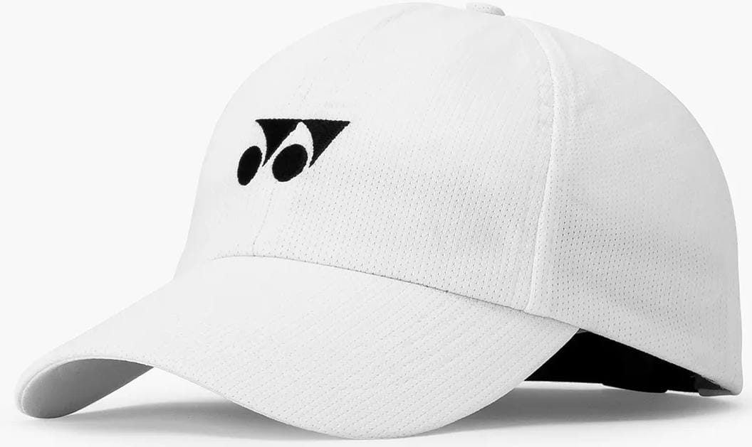 The Yonex 40125EX Tennis Cap in white features a curved brim, black embroidered logo, textured breathable fabric, and an adjustable back strap for comfort.