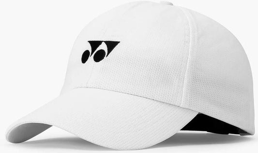 The Yonex 40125EX Tennis Cap in white features a curved brim, black embroidered logo, textured breathable fabric, and an adjustable back strap for comfort.