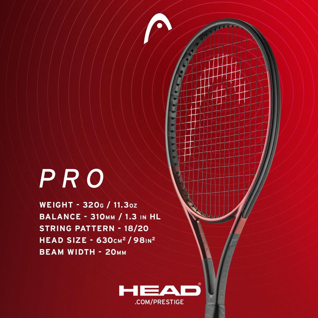 A HEAD Prestige Pro 2023 tennis racket in black is showcased against a red background. On the left, specifications are highlighted: weight 320g, balance point at 310mm, string pattern of 18/20, head size of 630cm², and a beam width of 20mm. This racket incorporates Auxetic 2.0 technology for improved playability.