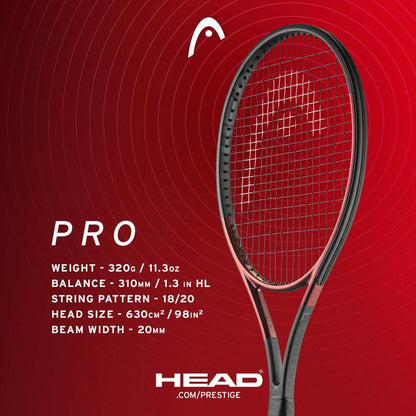 A HEAD Prestige Pro 2023 tennis racket in black is showcased against a red background. On the left, specifications are highlighted: weight 320g, balance point at 310mm, string pattern of 18/20, head size of 630cm², and a beam width of 20mm. This racket incorporates Auxetic 2.0 technology for improved playability.