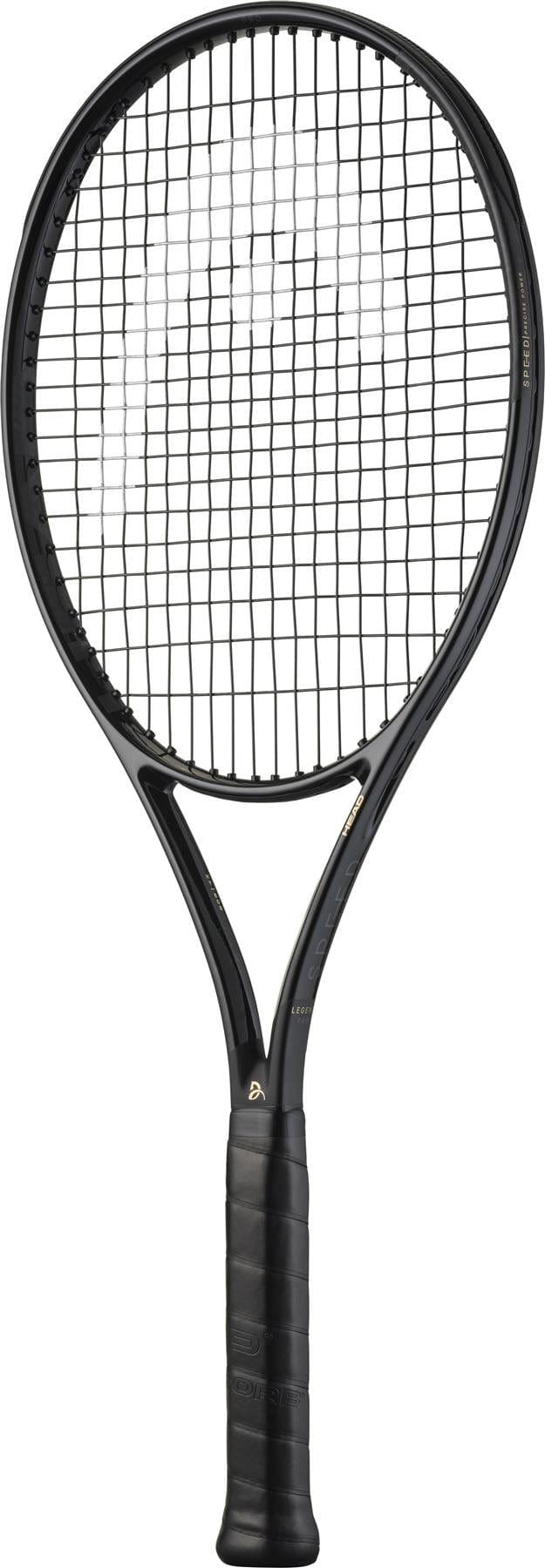 The HEAD Speed Pro Legend 2025 Tennis Racket by HEAD, in black and gold with a wrapped grip and strung oval head—similar to Novak Djokovic's racket—is displayed against a white background.