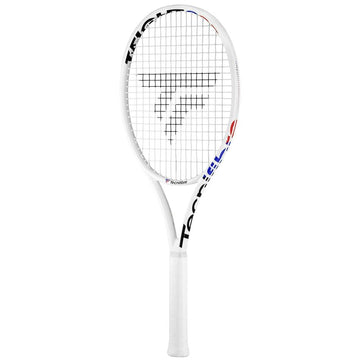 The Tecnifibre T-Fight 295 Isoflex Tennis Racket in white offers dynamic control, highlighted by a black logo centered on the strings and "Tecnifibre" branding adorning the frame. It features an RS Section design, with a white grip and subtle red and blue accents.