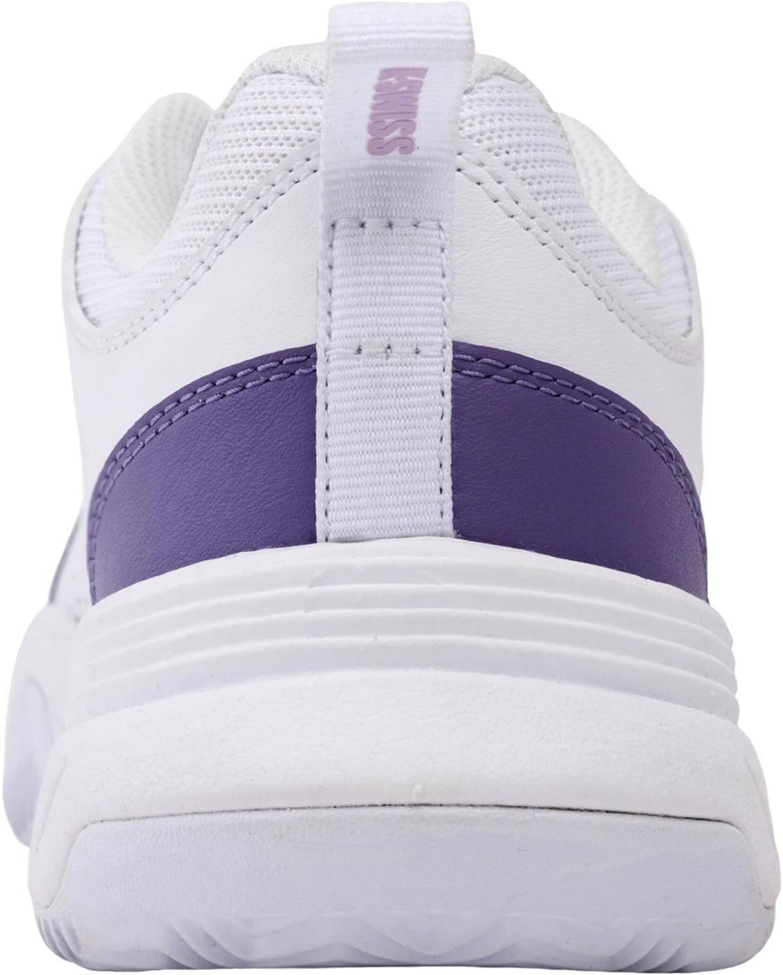 Rear view of the K-Swiss Court Express 2 Clay Women's Tennis Shoes in White/Purple Haze/Neo Lavender, showing a purple-accented heel and white pull tab. The cushioned sole and upper provide supportive comfort—ideal for clay courts.