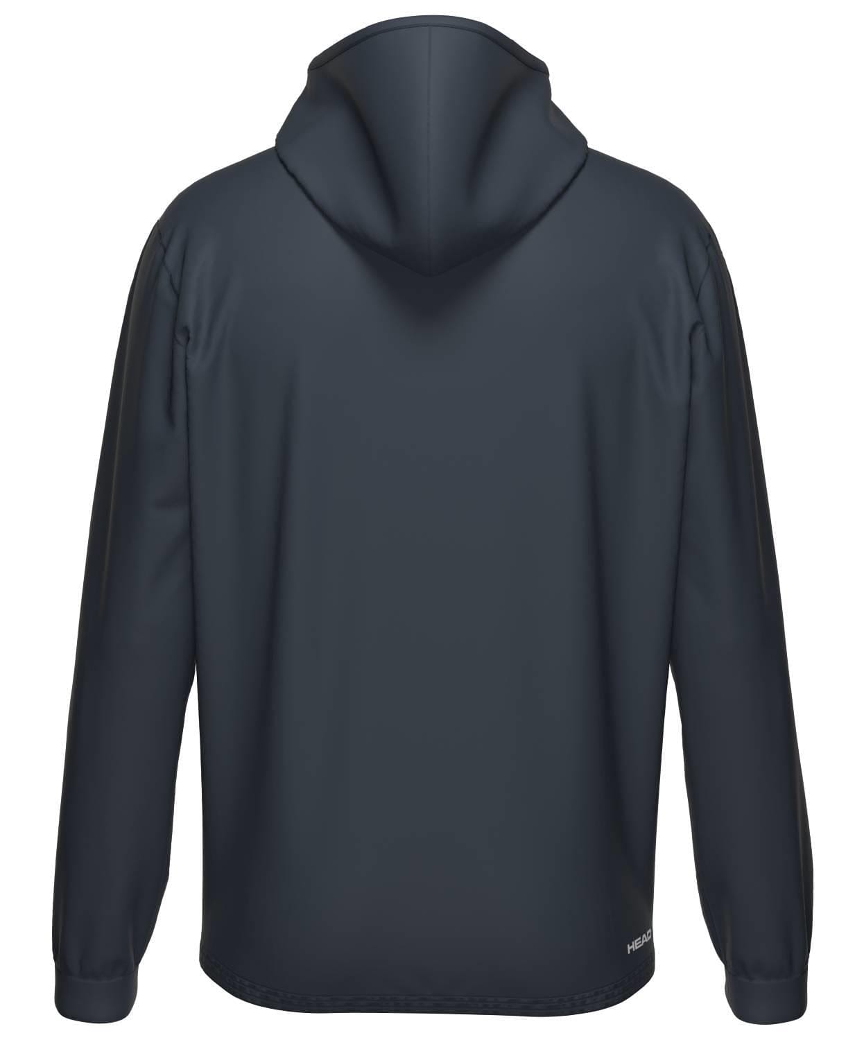 The HEAD Topspin Mens Tennis Hoodie - NVXU by HEAD is shown from the back in plain dark gray, featuring long sleeves, a relaxed fit, and a small label near the hem. Crafted with moisture transfer microfibre for all-day comfort.