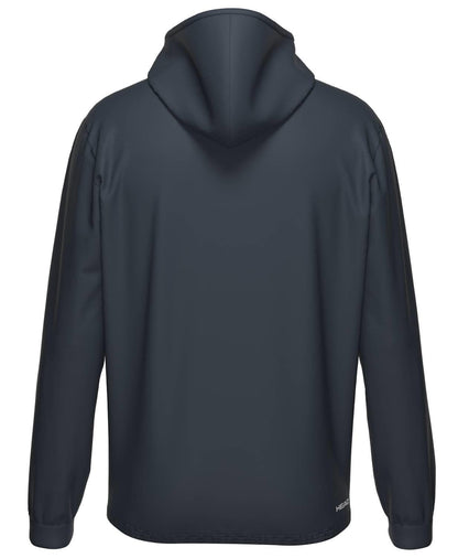 The HEAD Topspin Mens Tennis Hoodie - NVXU by HEAD is shown from the back in plain dark gray, featuring long sleeves, a relaxed fit, and a small label near the hem. Crafted with moisture transfer microfibre for all-day comfort.