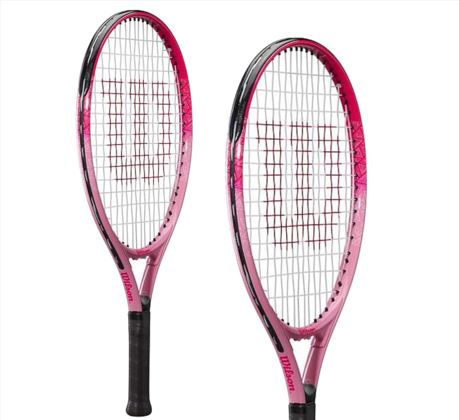 Two Wilson Burn Pink 21 Junior Tennis Rackets featuring a lightweight design with black handles are displayed. The strings form a grid pattern, and the Wilson brand name is visible on the throat and frame. Positioned side by side on a white background, these rackets are ideal for young tennis players.