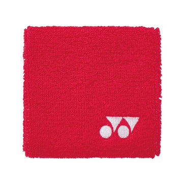 Presenting the Yonex AC493 Wristband in red, this accessory boasts a textured surface and a subtle white logo featuring two circles and a triangle in the bottom right corner, making it ideal for court activities.