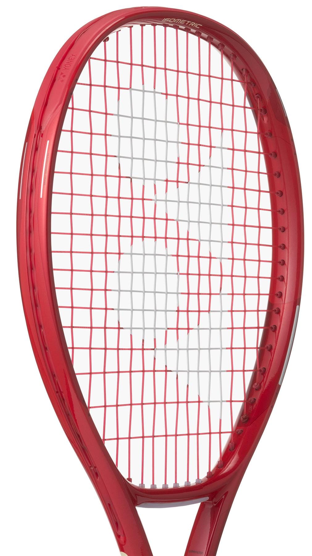 A close-up of the Yonex VCORE Alpha L Ruby Red 2026 Tennis Racket, featuring white strings and an isometric white logo pattern on the string bed.