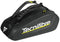 The Tecnifibre Reform L Tennis Racket Bag - Black features a hard shell EVA exterior, white branding with yellow accents, two padded straps, and a zippered main compartment for spacious tennis gear storage.