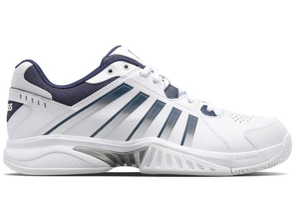 The K-Swiss Receiver V Men's Tennis Shoes in White, Peacoat, and Silver are designed with dark blue accents and feature performance-oriented parallel blue stripes on the sides. These shoes have a textured sole with ample cushioning and a low-top design, making them ideal for both sports and casual wear.