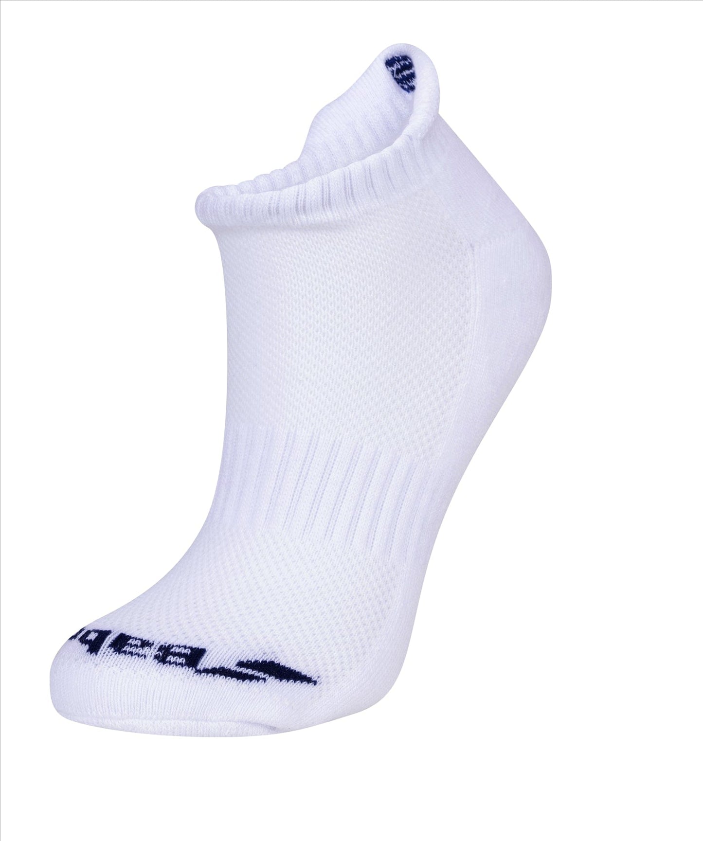 White athletic ankle socks with ribbed cuffs and navy blue accents on the toes, featuring elastic support for added comfort. The Babolat Women's Invisible Tennis Socks (2 Pack) - White are displayed as if worn, highlighting their contours and texture against a plain white background.