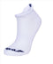 White athletic ankle socks with ribbed cuffs and navy blue accents on the toes, featuring elastic support for added comfort. The Babolat Women's Invisible Tennis Socks (2 Pack) - White are displayed as if worn, highlighting their contours and texture against a plain white background.