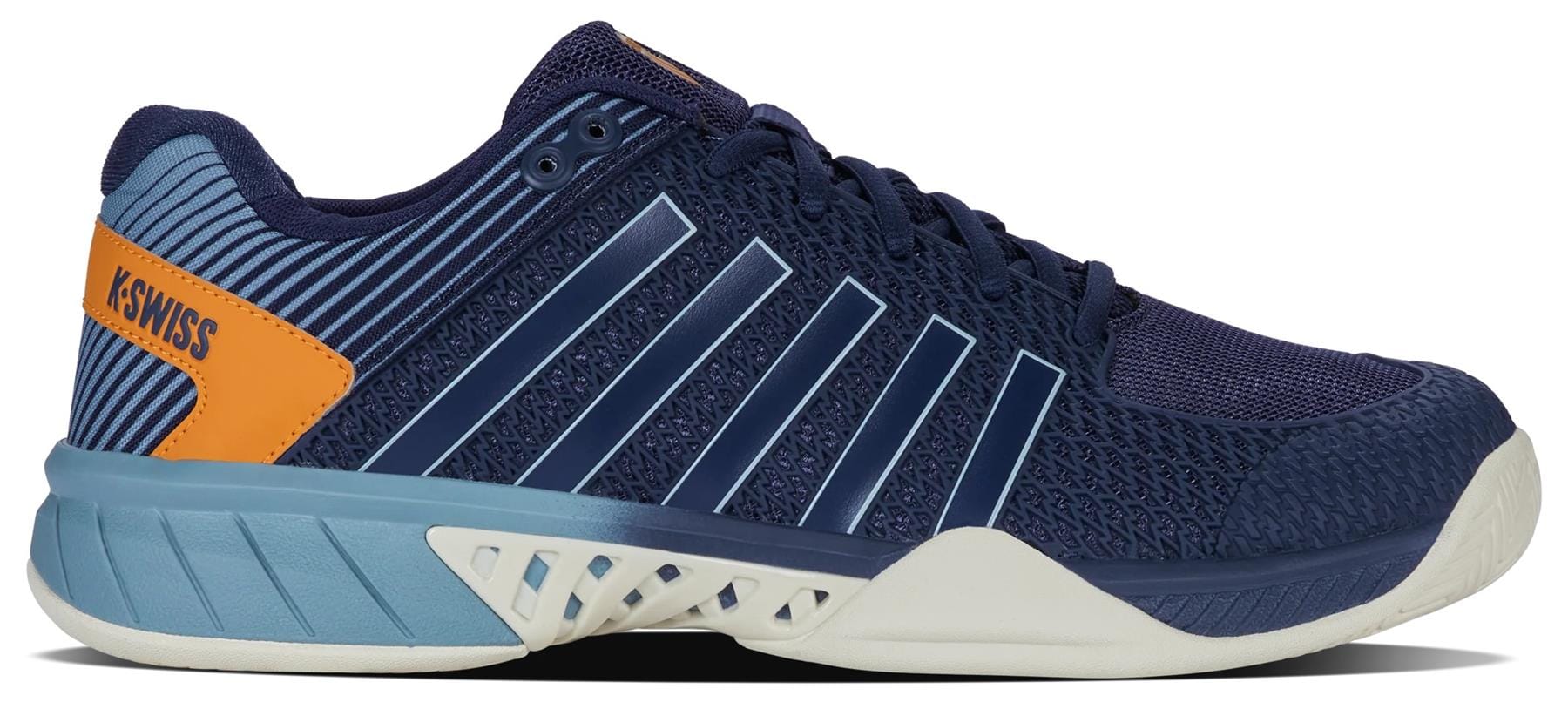 The K-Swiss Express Light Men's Pickleball Shoes in Oceana/Forget Me Not feature breathable mesh, light blue and white accents, a white sole, and an orange heel K-Swiss logo—lightweight comfort and style for the court.