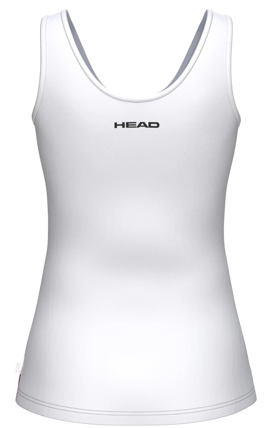 The HEAD Blur Women's Tennis Tank Top - ROXU is a white sleeveless top shown from the back with "HEAD" printed in black, offering stylish moisture-wicking sportswear for peak court performance.