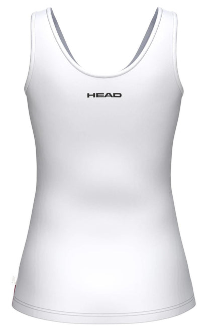 The HEAD Blur Women's Tennis Tank Top - ROXU is a white sleeveless top shown from the back with "HEAD" printed in black, offering stylish moisture-wicking sportswear for peak court performance.