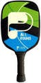 The Pickleball United All Round Pickleball Paddle features an ergonomic handle and a colorful black, blue, and green face with "ALL ROUND" and a large "P" logo printed on it.