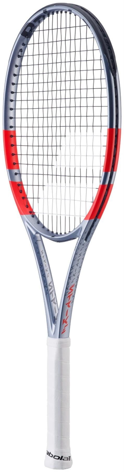 A Babolat Pure Strike Team Gen4 Tennis Racket in Carbon Grey, featuring a white grip, silver and red frame, and black strings for control and forgiveness, is shown against a white background.