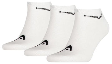 Three pairs of HEAD Sneaker Tennis Socks in white, crafted from a soft cotton blend for comfort, feature a black logo on toes and cuff.