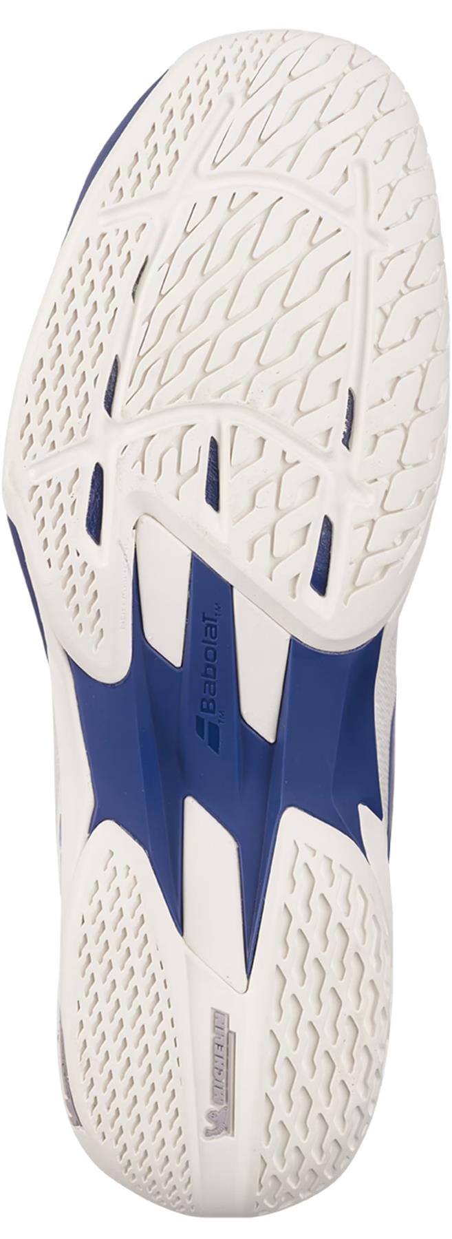 Close-up of the white and blue sole on the Babolat Jet Mach 4 All Court Men's Tennis Shoes in Cream/Dark Blue, showing intricate tread, ventilation holes, and both Babolat and Michelin logos near the heel.