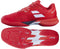 The Babolat Jet Mach 4 All Court Men's Tennis Shoes in Cherry Tomato/White feature a low-cut design, responsive feel, and textured soles. Shown from side and bottom views to highlight the tread pattern and Babolat branding.