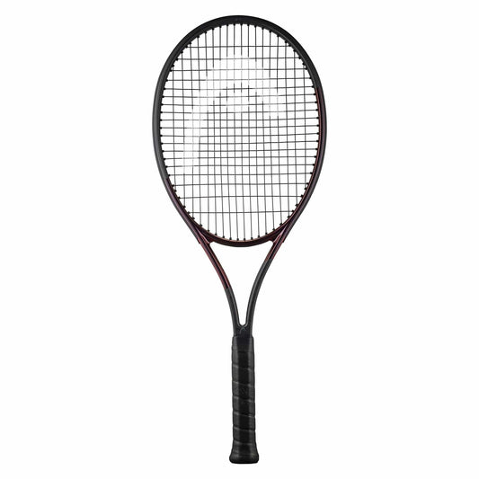 The HEAD Prestige MP 2023 Tennis Racket - Black features a sleek black finish and mesh string pattern, complemented by a subtly textured grip handle. Enhanced with Auxetic 2.0 technology, it is distinctly set against a simple white background.