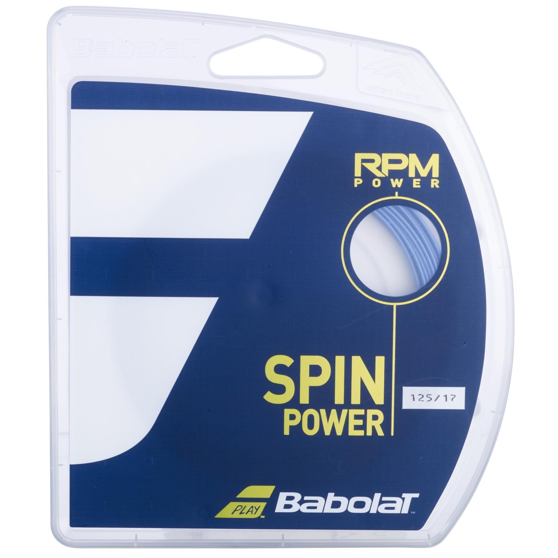 The packaging of Babolat RPM Power Tennis String (12m) in Electric Blue, designed in blue and white, prominently displays the words "Spin" and "Power." A small transparent section reveals the polyester strings inside, evocative of the precise control associated with Babolat XCEL Power.