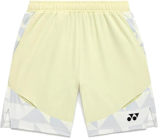 Yonex 15240YX Knit Men's Tennis Shorts in champagne feature breathable fabric, geometric white and gray side panels, elastic waistband, two side pockets, and a black Yonex logo for a modern athletic style.
