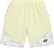Yonex 15240YX Knit Men's Tennis Shorts in champagne feature breathable fabric, geometric white and gray side panels, elastic waistband, two side pockets, and a black Yonex logo for a modern athletic style.