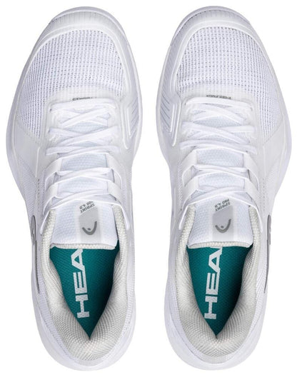 Top view of HEAD Sprint Pro 4.0 Mens Grass Court Tennis Shoes in White/Grey, featuring mesh uppers, white laces, and teal Ortholite® insoles with bold white "HEAD" branding, displayed side by side on a white background.