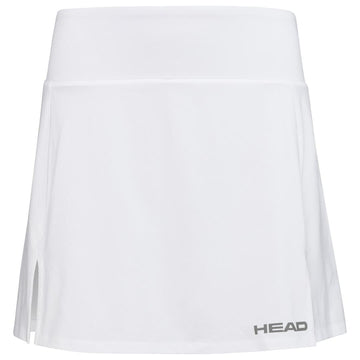The HEAD Womens Club Basic Tennis Skort Long in white includes two small front side slits and showcases the "HEAD" logo in gray on the lower right. Made with Moisture Transfer Microfibre, it ensures you stay cool on the court.