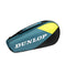 The Dunlop SX Club 3 Racket Tennis Bag in teal, black, and yellow features padded backpack straps for comfort. The prominent white Dunlop logo enhances its streamlined, sporty look on a plain background.