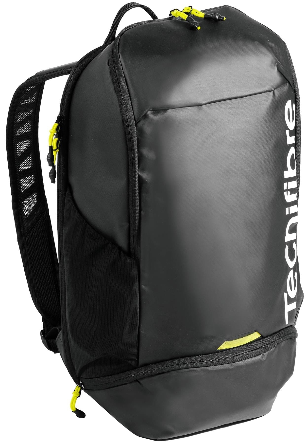 The Tecnifibre Reform Tennis Backpack - Black features yellow zippers, a spacious front compartment, padded shoulder straps, side pockets, and a white Tecnifibre logo—ideal for carrying your tennis gear in style.