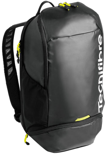 The Tecnifibre Reform Tennis Backpack - Black features yellow zippers, a spacious front compartment, padded shoulder straps, side pockets, and a white Tecnifibre logo—ideal for carrying your tennis gear in style.