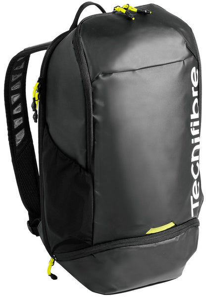 The Tecnifibre Reform Tennis Backpack - Black features yellow zippers, a spacious front compartment, padded shoulder straps, side pockets, and a white Tecnifibre logo—ideal for carrying your tennis gear in style.