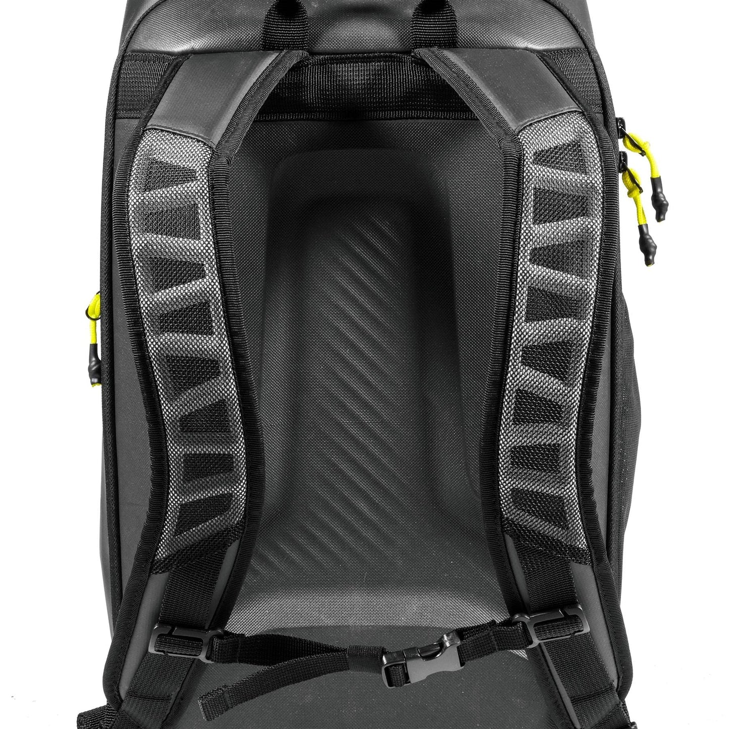 Close-up of the Tecnifibre Reform Tennis Backpack - Black’s back panel with padded mesh shoulder straps, a yellow zipper pull on the right, and a chest strap clipped at the bottom. Brand: Tecnifibre.
