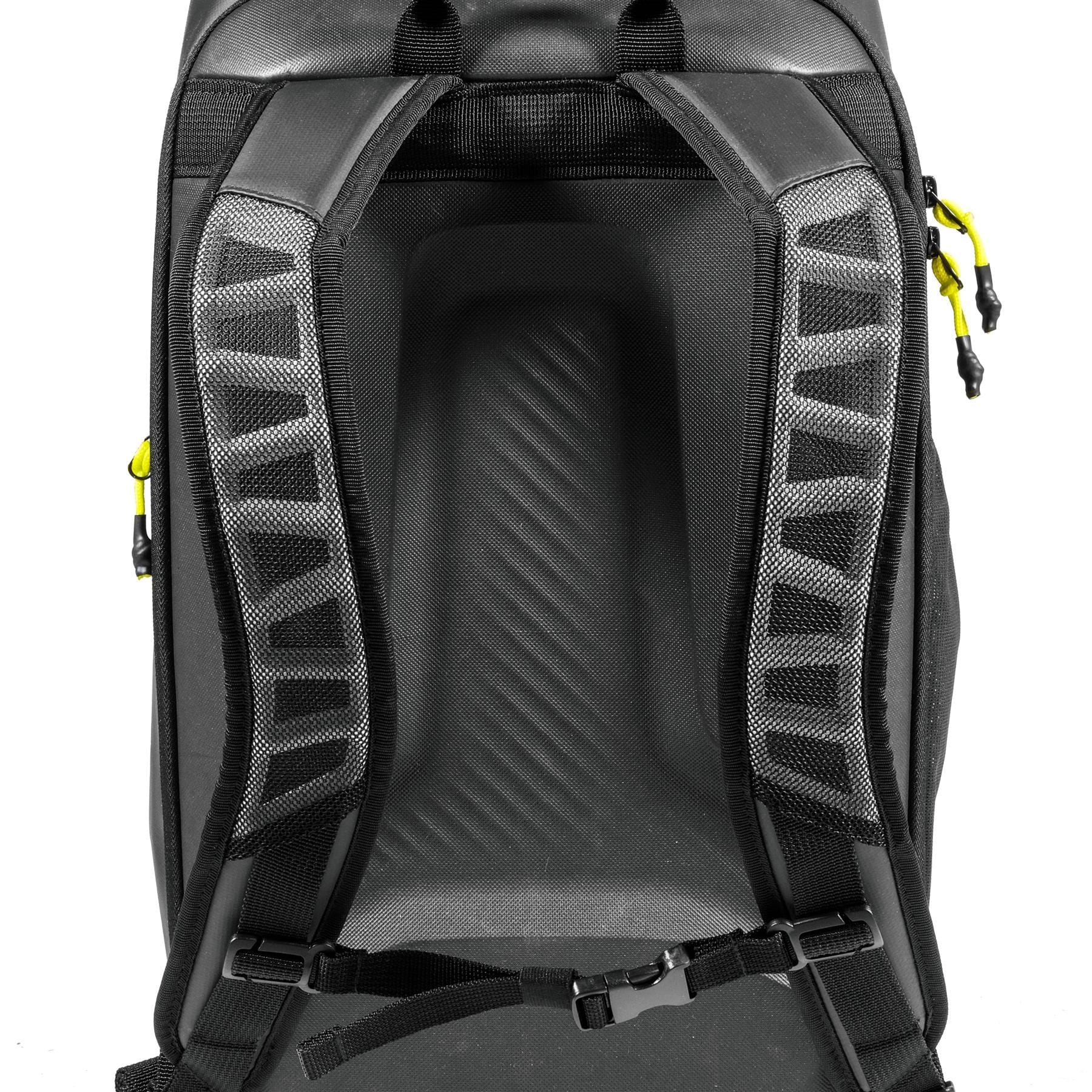 Close-up of the Tecnifibre Reform Tennis Backpack - Black’s back panel with padded mesh shoulder straps, a yellow zipper pull on the right, and a chest strap clipped at the bottom. Brand: Tecnifibre.