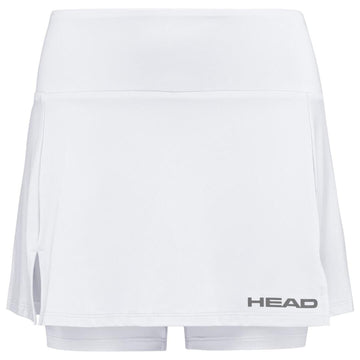 This is the HEAD Womens Club Basic Tennis Skort in white, featuring the "HEAD" logo on the lower right. Made with Moisture Transfer Microfibre, it includes a flared skirt design and built-in shorts for enhanced comfort and performance.