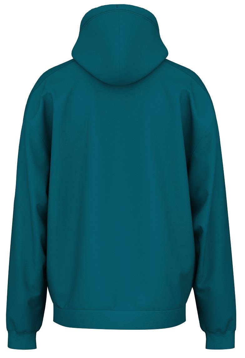 The HEAD Rally Men's Tennis Hoodie in teal is made of soft French terry and features a hood, long sleeves, and a kangaroo pocket. It has a plain back view without visible patterns or logos.