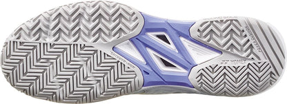 Close-up of a Yonex Power Cushion Sonicage Womens Tennis Shoe sole in white/grey with herringbone tread and purple accents. "NON-MARKING" and Yonex branding visible, highlighting grip, support, and lightweight comfort.