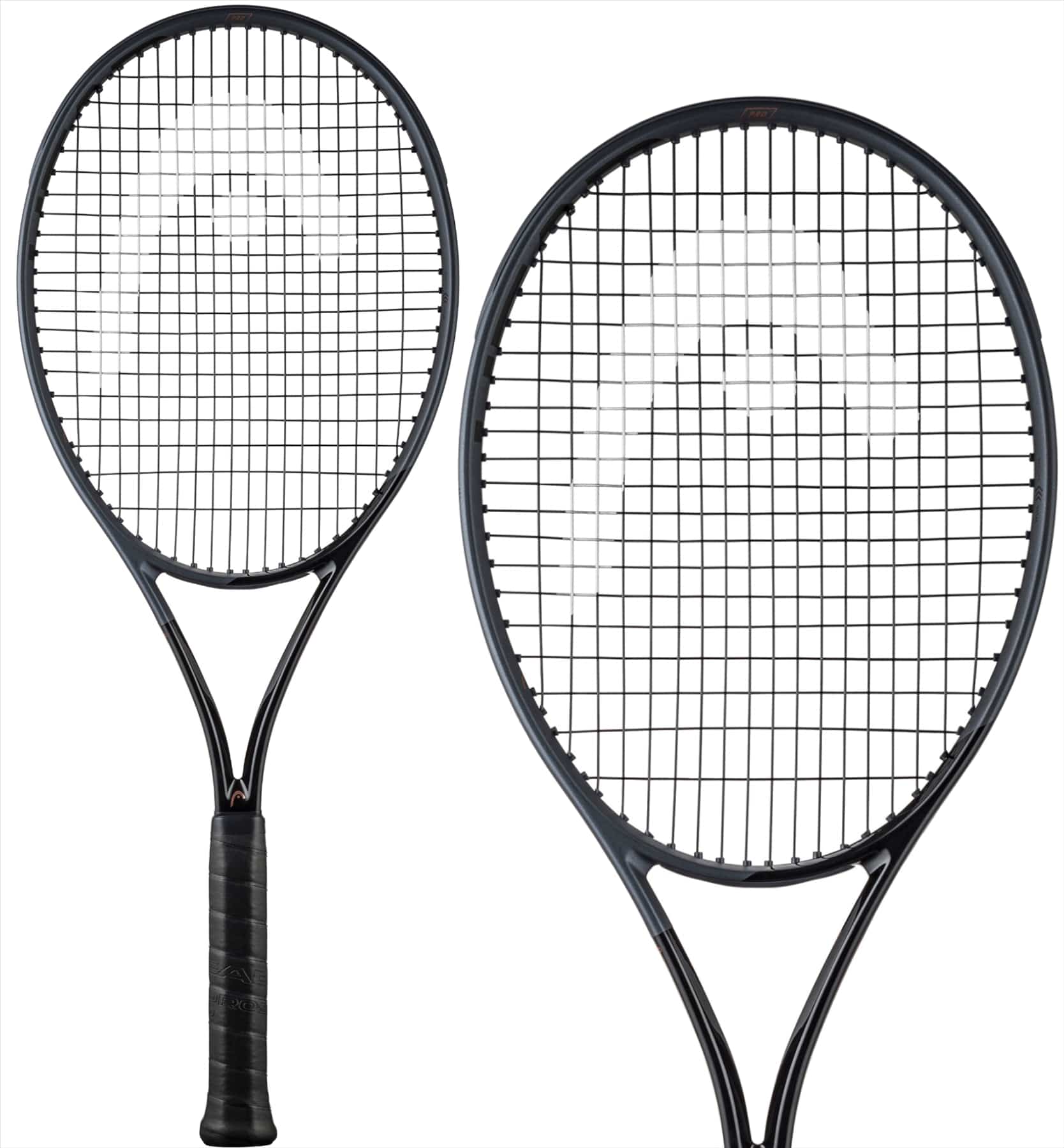 The image showcases a detailed view of the HEAD Speed Pro LTD 2023 Tennis Racket - Black (Frame Only), emphasizing its auxetic construction with a focus on the strings and frame. The Graphene Inside technology is subtly highlighted, with the racket handle appearing on the left and the string pattern on the right against a plain white backdrop.