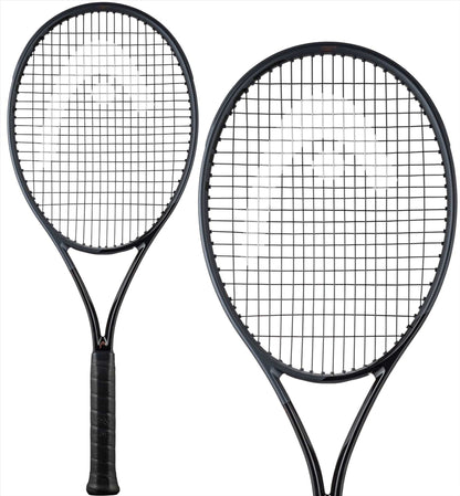 The image showcases a detailed view of the HEAD Speed Pro LTD 2023 Tennis Racket - Black (Frame Only), emphasizing its auxetic construction with a focus on the strings and frame. The Graphene Inside technology is subtly highlighted, with the racket handle appearing on the left and the string pattern on the right against a plain white backdrop.