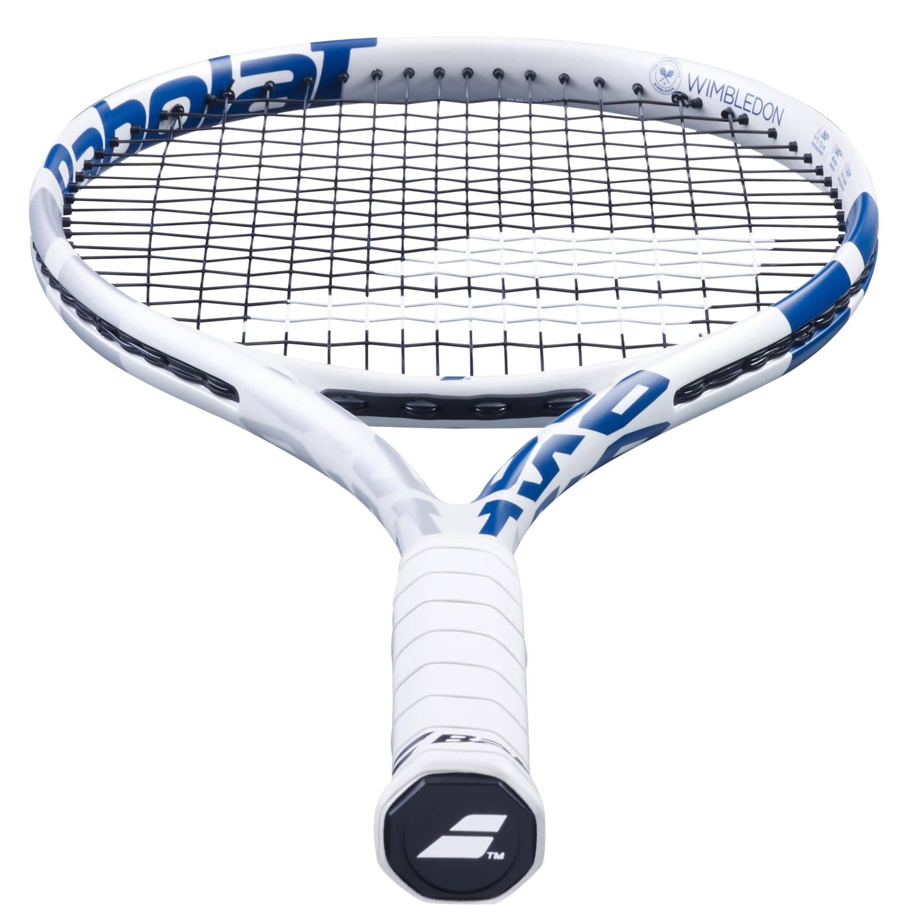 Close-up of the Babolat Boost Wimbledon Tennis Racket in white, showcasing blue accents and "Wimbledon" branding. The strings and handle are clearly visible, highlighting the patterned grip at the base. Ideal for beginners, its balanced design is striking against a plain white background.